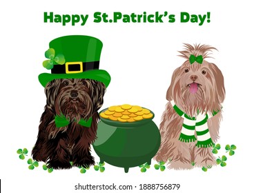 Cute dogs in leprechaun costume with pot of gold. Happy St. Patrick's Day. Pets, St. Patrick's Day holiday, Irish folklore theme banner, greeting card.