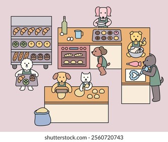 Cute dogs are making bread in the bakery kitchen. The dogs are each doing their part in an organized manner. Cuttiny character with outline.