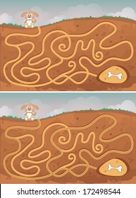 Cute Dog's Maze Game (help the dog find his buried bone) Maze puzzle with solution, vector illustration