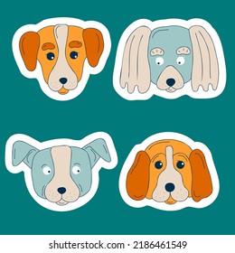 Cute dogs muzzle sticker set. Doodle color funny puppy faces. Dog heads. Different popular dog breeds. Flat canine portrait vector illustration for card print invitation cover