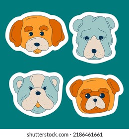 Cute dogs muzzle sticker set. Doodle color funny puppy faces. Dog heads. Different popular dog breeds. Flat canine portrait vector illustration for card print invitation cover
