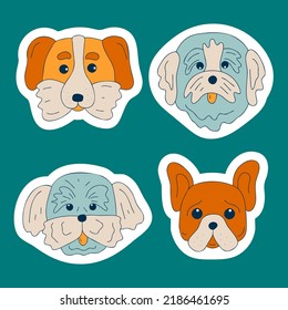 Cute dogs muzzle sticker set. Doodle color funny puppy faces. Dog heads. Different popular dog breeds. Flat canine portrait vector illustration for card print invitation cover