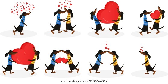 Cute dogs on a date. Two dachshunds in love hug and kiss. Dogs hold a heart, give love to each other. Set of vector illustrations for greeting cards. Suitable for Valentine's Day.