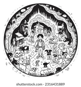 cute Dogs on a treasure hunt in a mystical cave, Black and white coloring pages for kids, simple lines, vector style