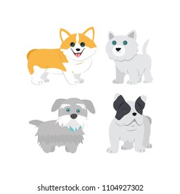 Cute dogs on white background.The welsh corgi,English bulldog, 
husky and mongrel.Vector illustration in cartoon style.