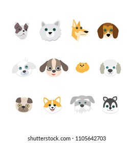 Cute dogs on white background. The welsh corgi, pug, Yorkshire 
terrier, husky, toy Terrier, Spitz, beagle, mongrels, English bulldog. Set from vector illustration in cartoon style.
