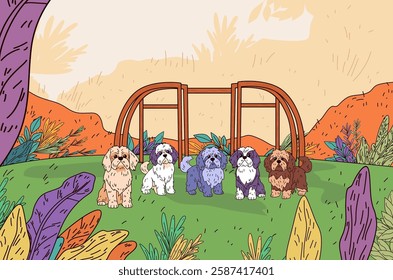Cute dogs in park setting with vibrant foliage colorful plants and hills background playful and whimsical landscape design perfect for pet-themed content
