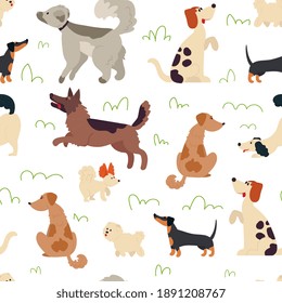 Cute dogs pattern. Animal seamless background, doodle trendy pets. Drawing cartoon puppy, nursery decorative wrapping decent vector print