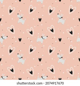 Cute Dogs Pattern. Cute Couple Of Loving Dogs. Modern Seamless Baby Print For Printing On Diapers, Bedding, Pajamas. Background For Digital Paper, Scrapbooking. Vector Illustration, Doodle