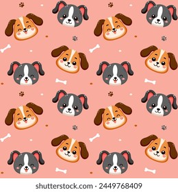 Cute dogs pattern with different smile face dog, funny adorable dog or fluffy puppy, doodle pet friend. Vector illustration in flat style for sticker, print.