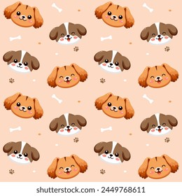 Patrón de perros lindos con perro de cara de sonrisa diferente, perro adorable divertido o cachorro esponjoso, amigo de mascota doodle. Ilustración vectorial en estilo plano para pegatina, impresión.