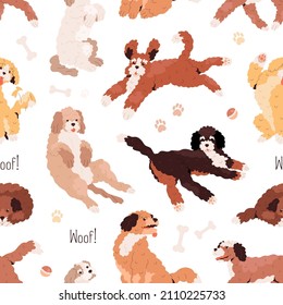 Cute dogs pattern. Seamless background with canine animals print. Repeating texture with labradoodle and goldendoodle puppies. Endless backdrop for decor and wrapping. Colored flat vector illustration