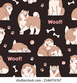 Cute dogs pattern. Seamless canine background with funny Alaskan malamutes print. Endless repeating woof texture with doggies, puppies. Printable colored flat vector illustration for textile, decor