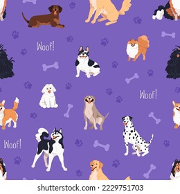 Cute dogs pattern. Seamless canine animal background, texture. Funny happy doggies pets, puppies breeds, repeating print design for textile, wrapping, wallpaper. Colored flat vector illustration