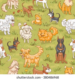 Cute dogs pattern. Seamless vector illustration with  bulldog, bobtail, dachshund, bullterrier, doberman, spitz, chihuahua