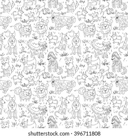 Cute dogs pattern. Seamless vector illustration with bulldog, bobtail, dachshund, bullterrier, doberman, spitz, chihuahua