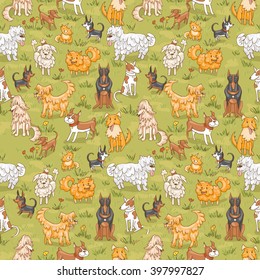 Cute dogs pattern. Seamless vector illustration with bulldog, bobtail, dachshund, bullterrier, doberman, spitz, chihuahua