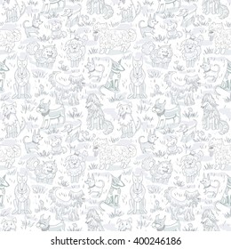 Cute dogs pattern. Seamless vector illustration with bulldog, bobtail, dachshund, bullterrier, doberman, spitz, chihuahua