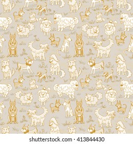 Cute dogs pattern. Seamless vector illustration with bulldog, bobtail, dachshund, doberman, spitz, chihuahua