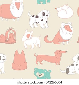 Cute Dogs. Pets. Seamless pattern background in outline style.