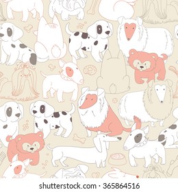 Cute Dogs. Pets. Seamless pattern background in outline style.