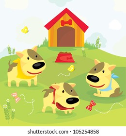 cute dogs playing in the field under blue sky - design element, vector illustration