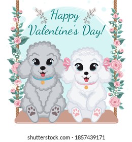 Cute dogs poodle in love on a swing with flowers. Happy Valentine's Day.