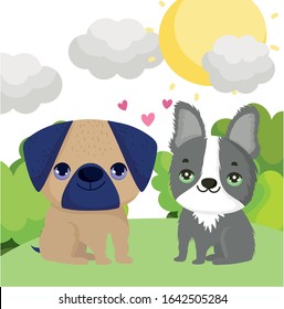 cute dogs pug and boston terrier sitting in the grass pets vector illustration