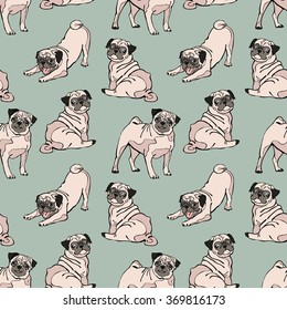 Cute Dogs. Pug. Vector Seamless Pattern.