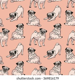 Cute Dogs. Pug. Vector Seamless Pattern.