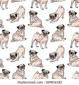 Cute Dogs. Pug. Vector Seamless Pattern.