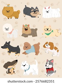 Cute dogs and puppies. Cartoon different breeds pet. Funny doggy characters isolated. Happy friendly canine animals. corgi, poodle, husky and poodle. Labrador Retriever, Dachshund, York