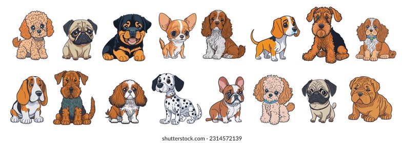 Cute dogs, puppies of different breeds set. Canine animals, diverse little doggies. Poodle, bulldog, pug, dalmatian, shar-pei, rottweiler, terrier. Vector illustration isolated on white background
