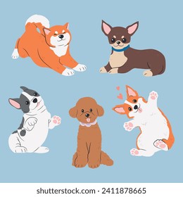 Hunde, Welpen verschiedener Rassen. Kaninchen, verschiedene große und kleine Hunde. Akita Inu, Chihuahua, French Bulldog, Toy Poodle, Corgi. Einzige flache Vektorgrafik.