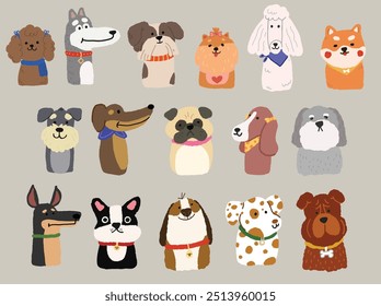 Cute dogs, puppies of different breeds set. Canine animals, diverse big and little doggies. Poodle, dachshund, dalmatian and jack russell terrier. Flat vector illustration isolated on color background