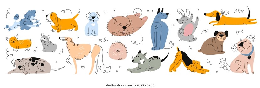 Cute dogs and puppies set, cartoon happy canine characters in different poses. Funny pets standing, lying, playing, sitting, gnaw bone. Line art vector color dachshund, poodle, spitz, pug, dalmatian