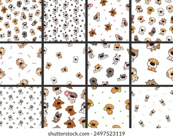 Cute dogs and puppy characters. Seamless pattern. Cartoon funny pet animals. Hand drawn style. Vector drawing. Collection of design ornaments.