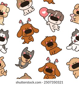 Cute dogs and puppy characters. Seamless pattern. Cartoon funny pet animals. Hand drawn style. Vector drawing. Design ornaments.