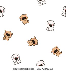 Cute dogs and puppy characters. Seamless pattern. Cartoon funny pet animals. Hand drawn style. Vector drawing. Design ornaments.