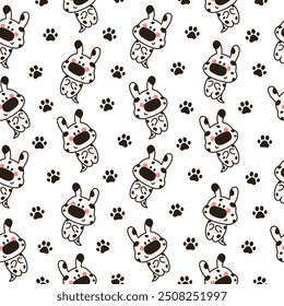 Cute dogs and puppy characters. Seamless pattern. Cartoon funny pet animals. Hand drawn style. Vector drawing. Design ornaments.