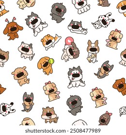 Cute dogs and puppy characters. Seamless pattern. Cartoon funny pet animals. Hand drawn style. Vector drawing. Design ornaments.