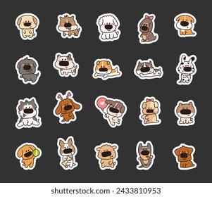 Cute dogs and puppy characters. Sticker Bookmark. Cartoon funny pet animals. Hand drawn style. Vector drawing. Collection of design elements.