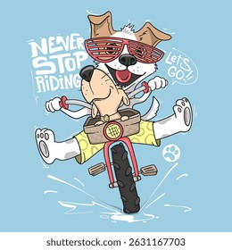 Cute dogs riding bike through puddles, fun and playful design, ideal for t shirts
