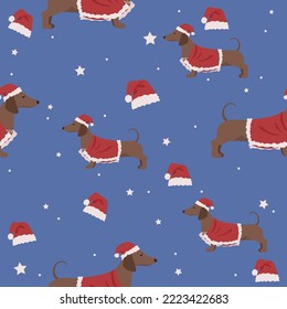 Cute dogs in Santa costumes on blue background. Pattern for desi