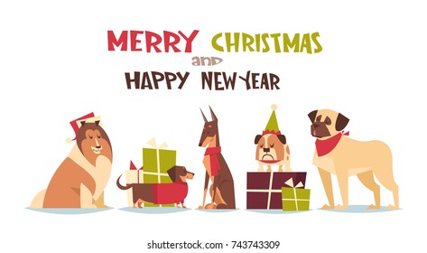 Cute Dogs In Santa Hats Isolated On White With Gift Boxes Merry Christmas And Happy New Year Poster Design Flat Vector Illustration