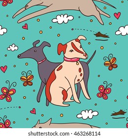 Cute dogs seamless blue pattern.