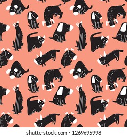 Cute dogs seamless pattern. Background with pets character in doodle simple style. Vector illustration for fabric, textile, wrapping, other surfaces
