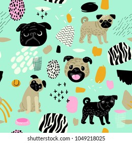 Cute Dogs Seamless Pattern. Childish Background with Pug Puppies and Abstract Elements. Baby Freehand Doodle for Fabric Textile, Wallpaper, Wrapping. Vector illustration