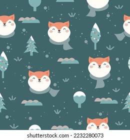 Cute dogs seamless pattern. Chilly dogs and winter forest on green background. Vector illustration, Child Design, Winter and New Year Design. Design for textile, fabric, wallpaper, wrapping and more
