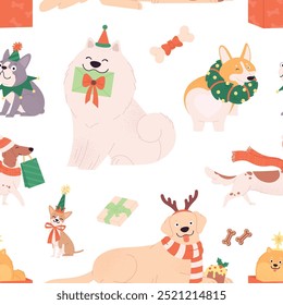 Cute dogs seamless pattern. Christmas puppy wear santa hat, scarf and sweater. Wearing dog and puppies, winter holiday vector background design